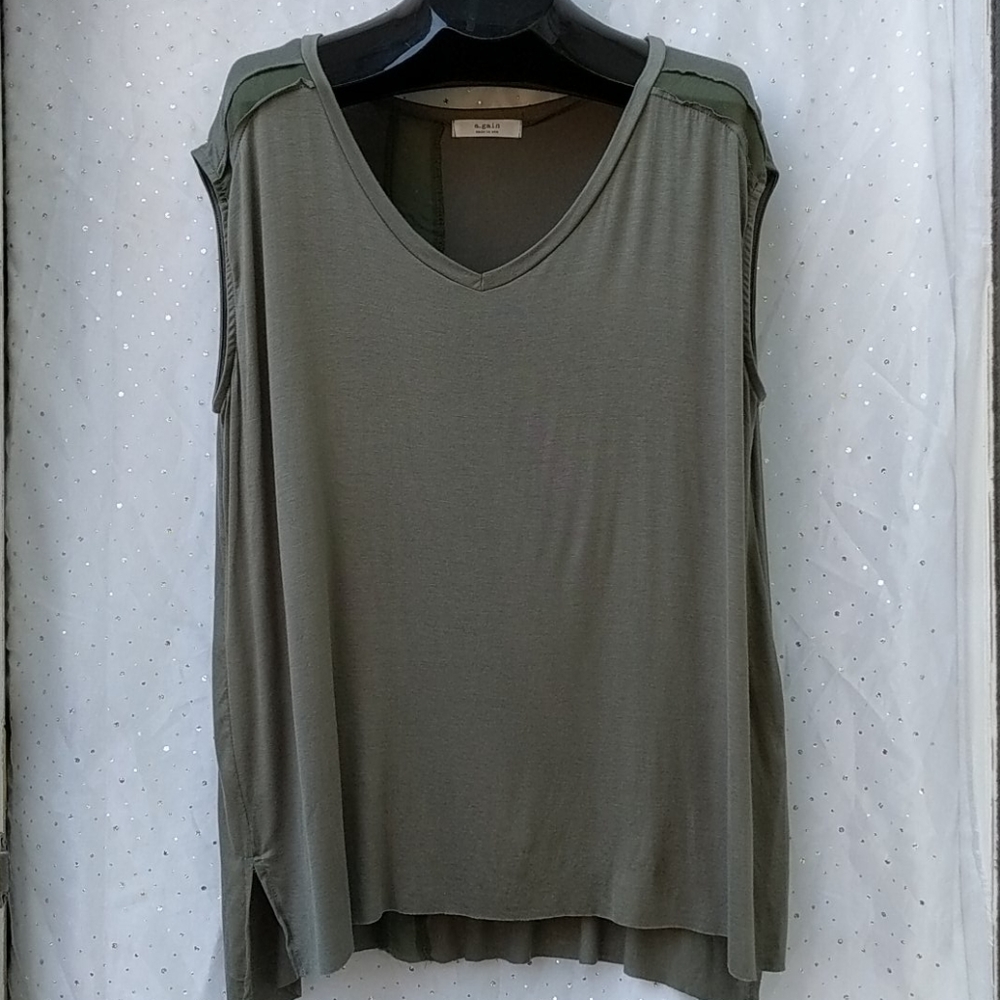 A.GAIN Sleeveless Olive Green Shell V-Neck Tank Top Plus 3X NEW Summer